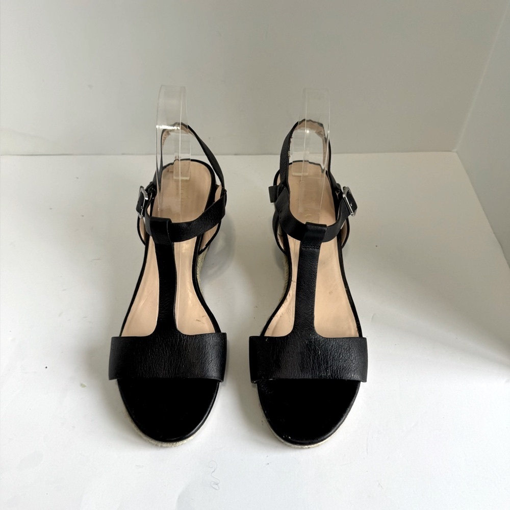 Cole Haan Elizabeth Wedge Sandal Black Leather T-Strap Espadrille Size 8 - Picture 4 of 16